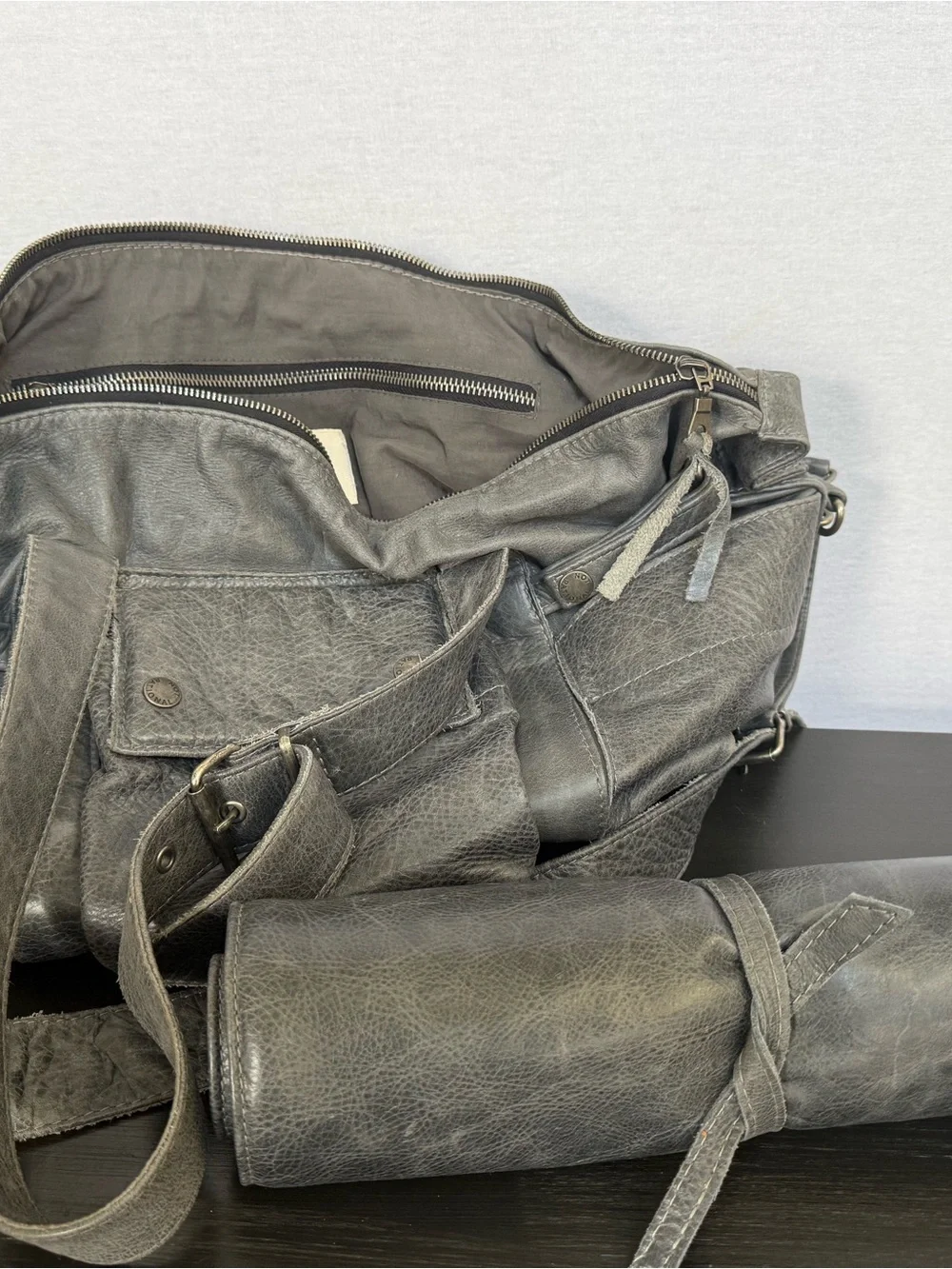 NOT RATIONAL Hansel premium distressed leather diaper bag in charcoal gray